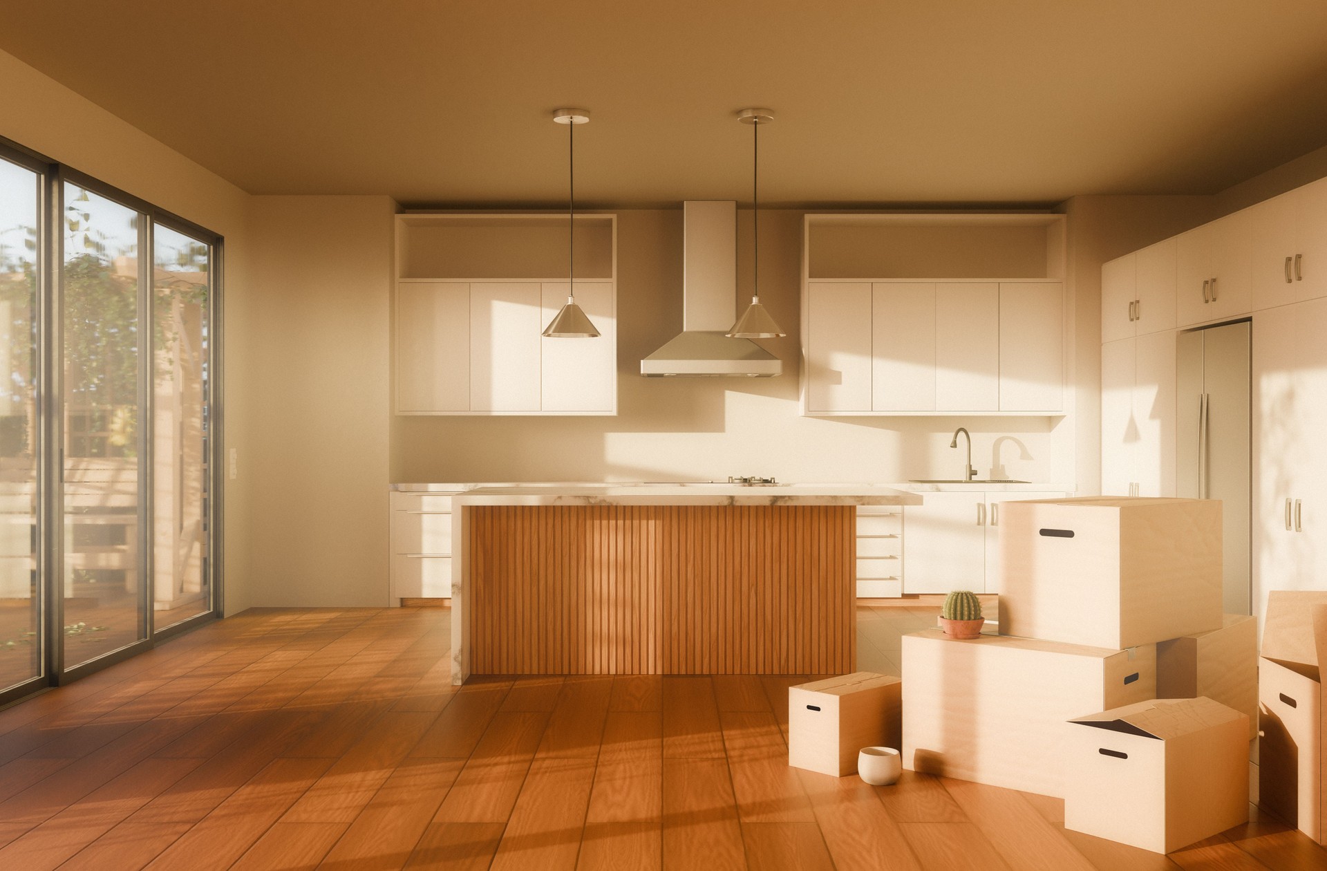 Empty kitchen interior with moving boxes in bright daylight